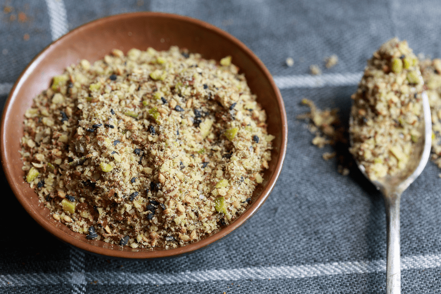 Dukkah ground Egyptian condiment of toasted spices, herbs, nuts, and seeds